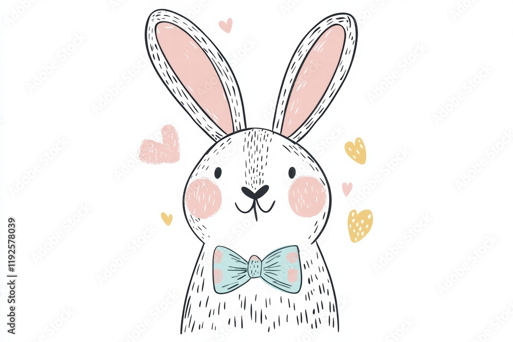 Poster cute illustrated rabbit with a bowtie surrounded by hearts in a cheerful setting. generative ai