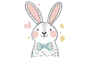 Obraz premium Cute illustrated rabbit with a bowtie surrounded by hearts in a cheerful setting. Generative AI