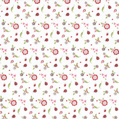 White seamless floral pattern with ladybugs, hearts, and blossoms, perfect for children’s textiles, Valentine projects, gift wrap, and cute decorative themes.