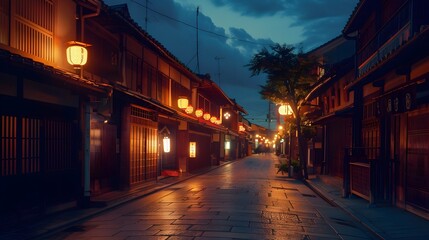 A Traditional Kyoto Street Illuminated by Lanterns at Night