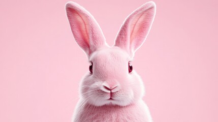 Obraz premium Close up of a vibrant pink rabbit against a soft pastel background, showcasing intricate fur details and expressive features for a striking visual impact