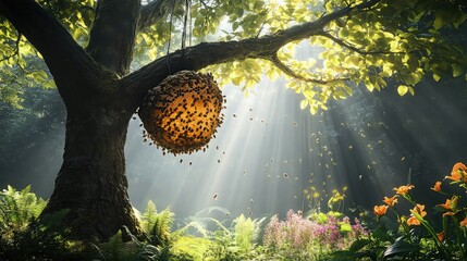 A tall tree with a natural bee hive hanging from its lower branches, surrounded by forest plants and flowers.