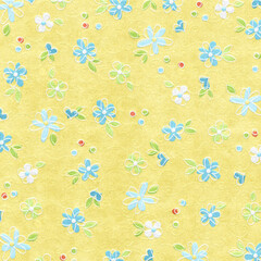 Yellow seamless floral pattern with blue and green flowers, great for cheerful summer textiles, crafting projects, wrapping paper, and decor.