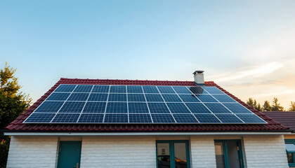 Fototapeta premium House Roof with Solar Panels, Sustainable Energy Home