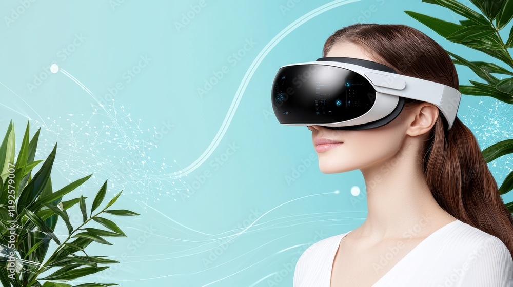 Poster Immersive Virtual Reality Headset with Data Streams Surrounded by Lush Greenery