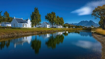 Obraz premium Traditional Cape Dutch architecture lines the bank of a deep blue reflective pond on a sunny day.