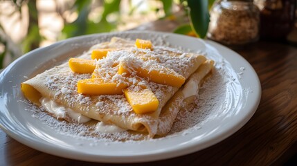 Crepe on plate filled with coconut cream and fresh mango, topped with shredded coconut.