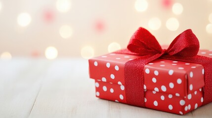 Obraz premium A festive red gift box adorned with white polka dots and a large bow, set against a soft, blurred background of twinkling lights.
