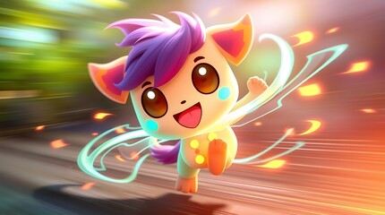 Fototapeta premium Adorable Cartoon Creature Running Fast Colorful Background