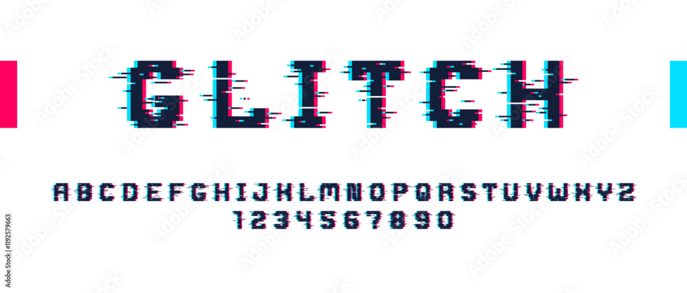 Poster glitch noisy geometric vector font in analog style, futuristic cyberpunk typeface with digital grung