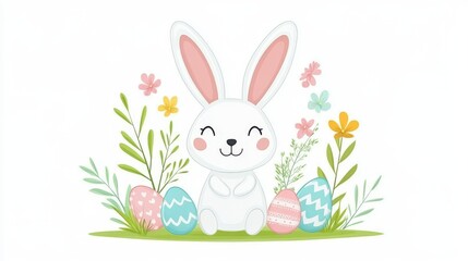 Cheerful Easter bunny sitting with colorful eggs and fresh spring flowers, surrounded by vibrant greenery for joyful seasonal themes and holiday decorations