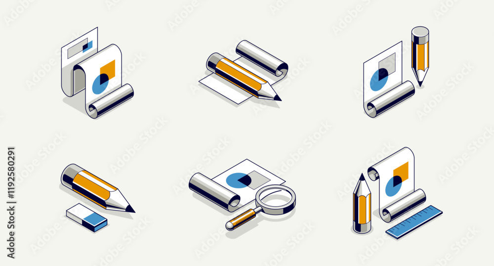 Poster engineering project concept set, paper document blueprint with pencil engineer work job vector 3d is