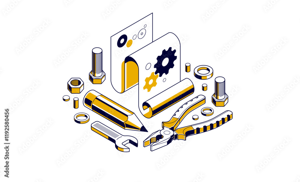 Aufkleber mechanical engineering project in embodiment implementation concept, engine draft plan drawing and w