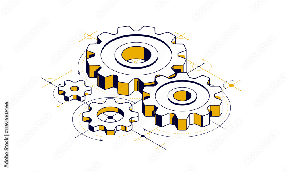 Poster mechanical engineering concept, gears and cogs with project drawing draft isometric 3d vector illust