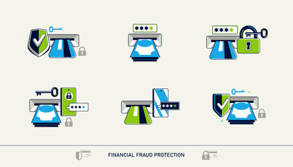 Financial fraud protection, secured cash withdrawal from ATM vector detailed icon, safe cash out from credit card.