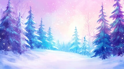 Obraz premium A serene winter landscape with snow-covered ground and vibrant evergreen trees, illuminated by a soft pastel sunrise.