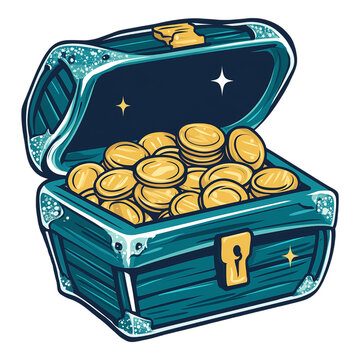 recommend clip art: Sticker, a 2D sparkling treasure chest with gold coins, bold white outline on a dark teal solid background