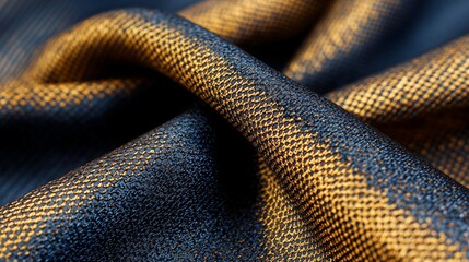 Fototapeta premium Textured fabric showcasing a rich blend of dark blue and golden tones, highlighting its intricate weave and luxurious appearance.