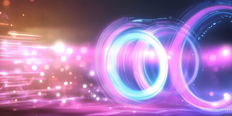 Obraz premium Technology background,light trails,bokeh, pink and blue hues. Represents technology,data, energy.glowing rings,digital art,sci-fi wallpaper futuristic designs.