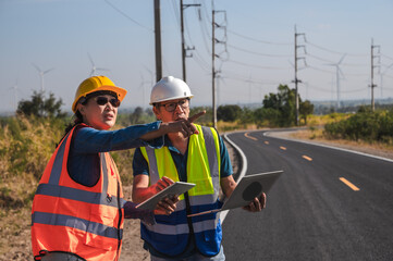 Asian wind turbine engineer man and female technician with laptop working together in windfarm