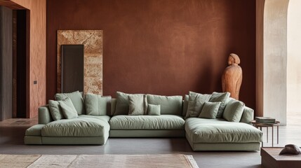 A soft pastel green sofa set against a rich brown wall in a minimalist home, with understated decor highlighting the modern and cozy interior