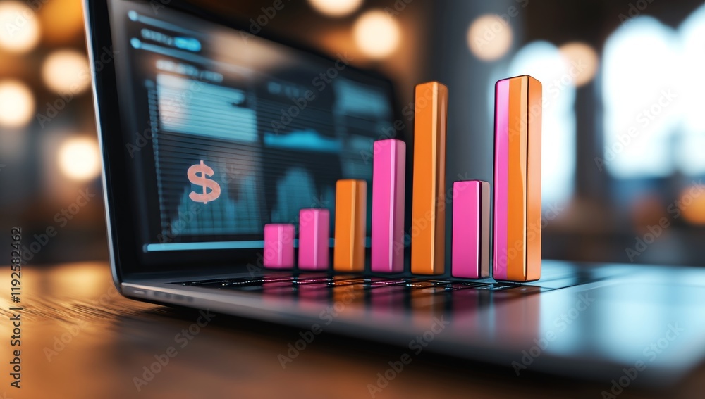 Poster close-up of advanced laptop displaying dynamic graph with upward arrows, representing stock market g