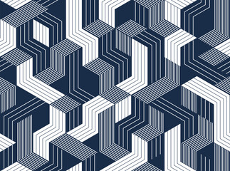 Cubic surreal maze seamless pattern, trippy unreal vector geometric abstract background, impossible construction optic art insane wallpaper.