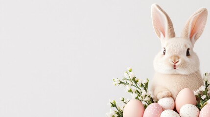 Elegant white bunny surrounded by delicate blooming branches and soft Easter eggs on a bright minimalist background, perfect for modern holiday designs or seasonal greetings