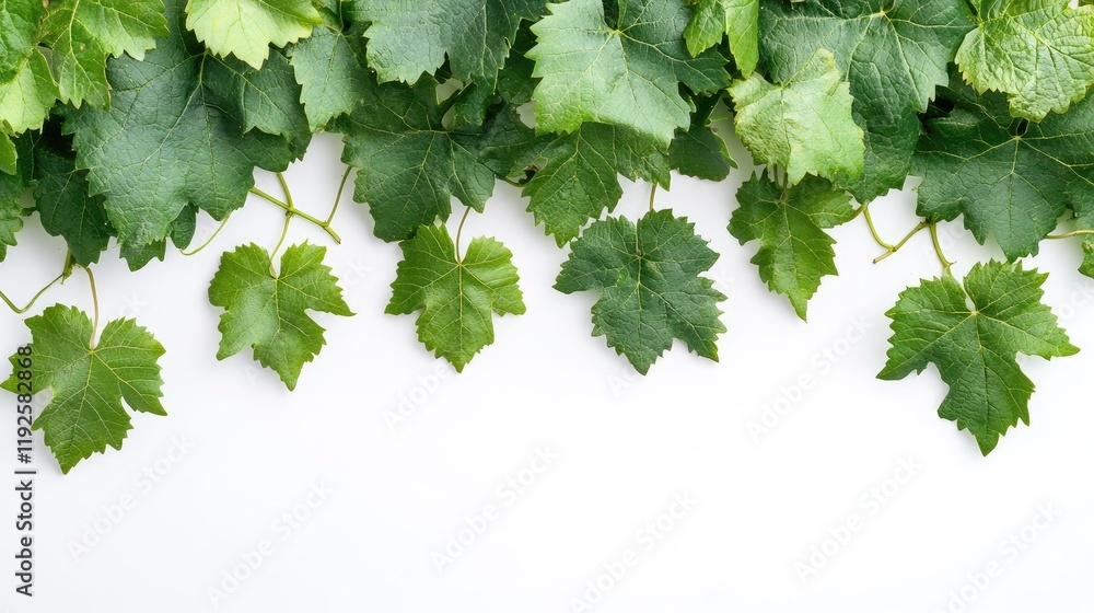 Poster fresh green grape leaves border on white background with ample copy space for text or design element