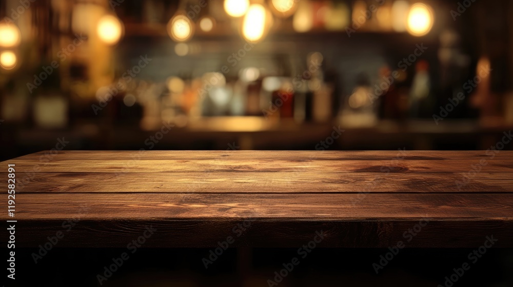 Poster rustic empty wooden tabletop with blurred ambient kitchen bar background ideal for product display o