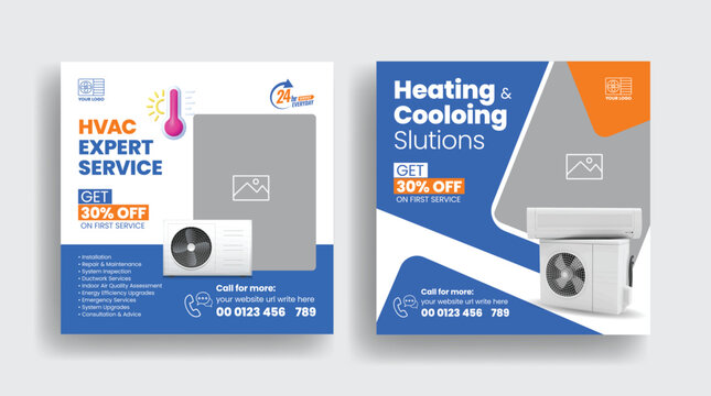 HVAC service social media posts, banner, ads template, Air Conditioner Repair Service promotional advertising design, Ac maintenance, installation Service web banner design