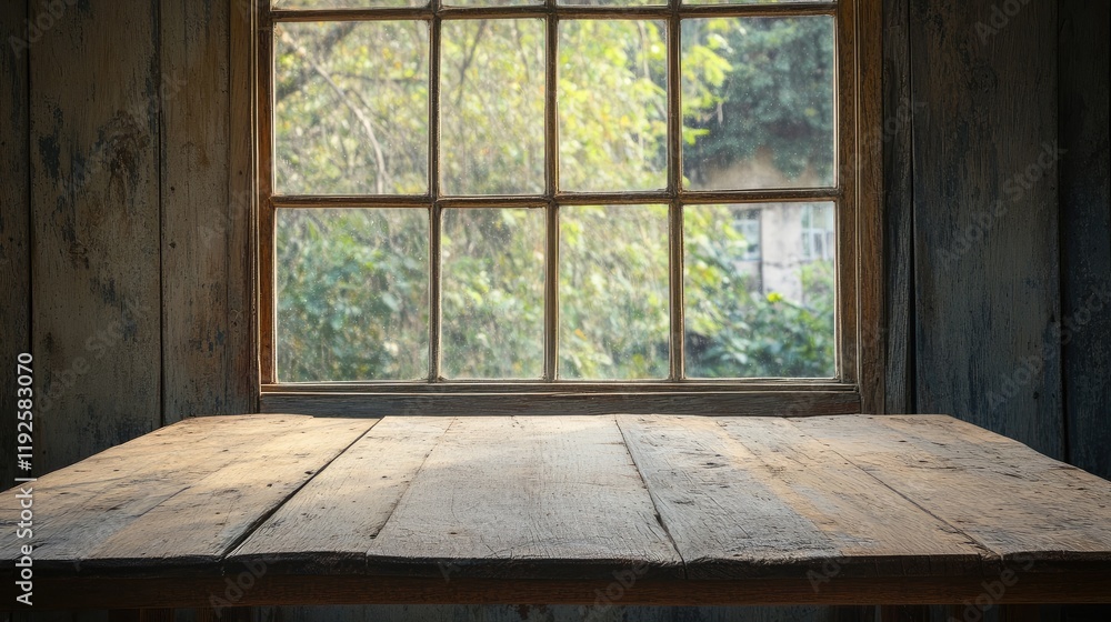 Poster empty rustic wooden table with natural light from simple window in cozy room setting