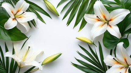 Fototapeta premium Elegant floral border with white lilies and lush tropical green leaves on a soft background for decoration and design purposes.