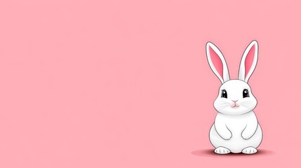 Fototapeta premium Cute white bunny sitting upright on a soft pastel pink background, emphasizing clean design and playful aesthetics for versatile Easter themed designs or holiday cards