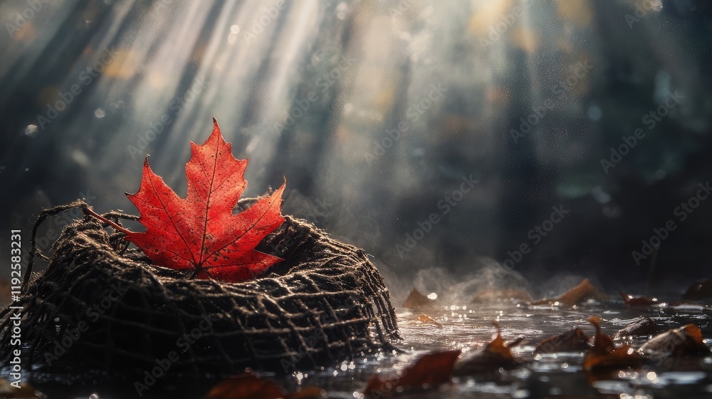 Poster autumn leaf in rustic net floating on murky water with dust and sun rays creating a serene nature sc