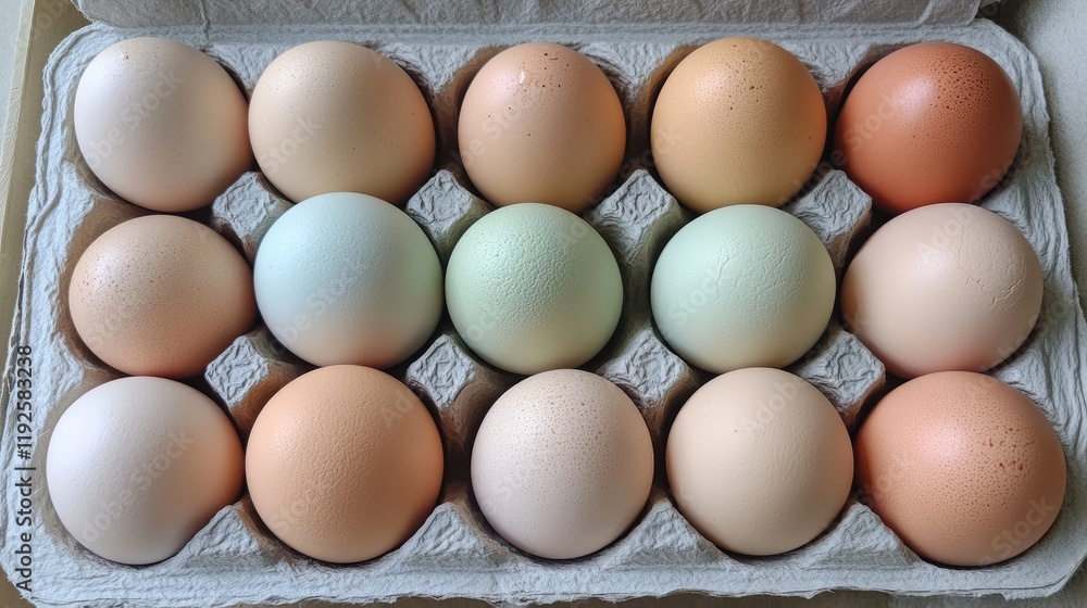 Poster assorted fresh eggs in a carton showcasing various colors and textures for food and culinary concept