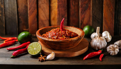 Indonesian sambal served in a hand-crafted wooden bowl, surrounded by chili peppers, garlic cloves, and a hint of lime