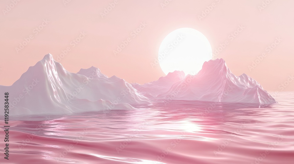 Poster serene minimalist ocean landscape with soft pink hues and reflective water creating a tranquil atmos