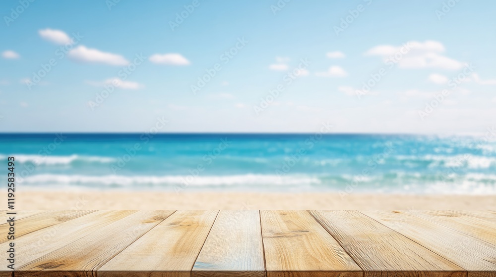 Poster wooden tabletop with coastal background capturing serenity and calmness ideal for product display an