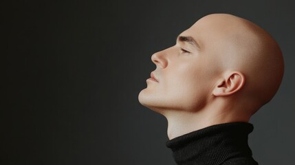 Bald European man with professional makeup in side profile against a dark background for commercial advertisement banner and text space