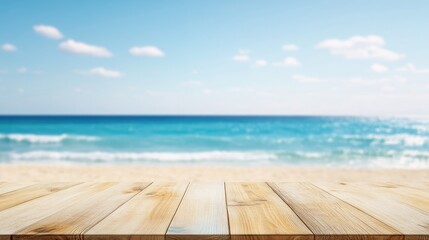 Fototapeta premium Wooden Tabletop with Coastal Background Capturing Serenity and Calmness Ideal for Product Display and Promotional Use