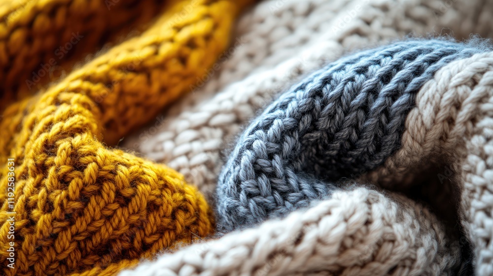 Poster cozy knitted woolen textile featuring warm colors showcasing intricate patterns and soft texture for
