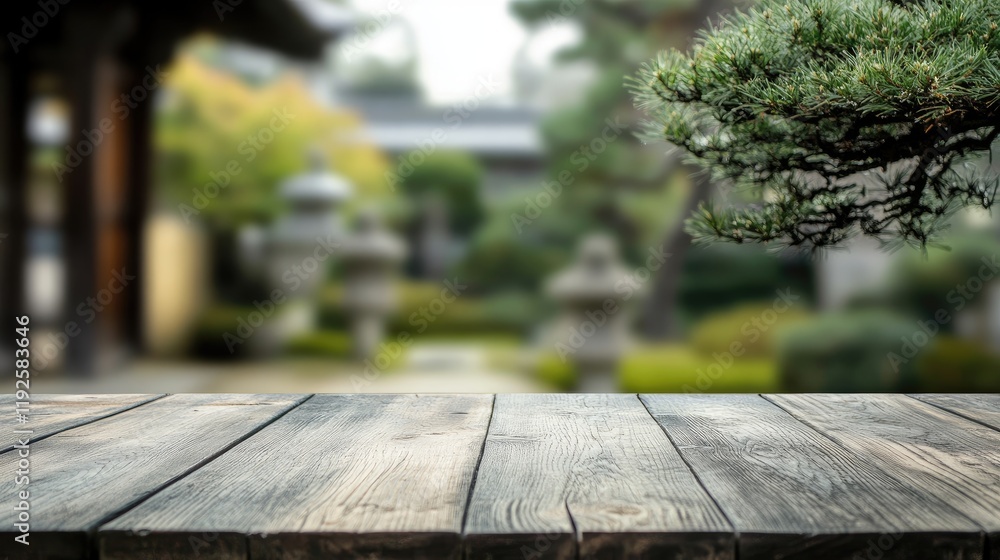 Poster rustic wooden table top with softly blurred pine tree garden background for product display and natu