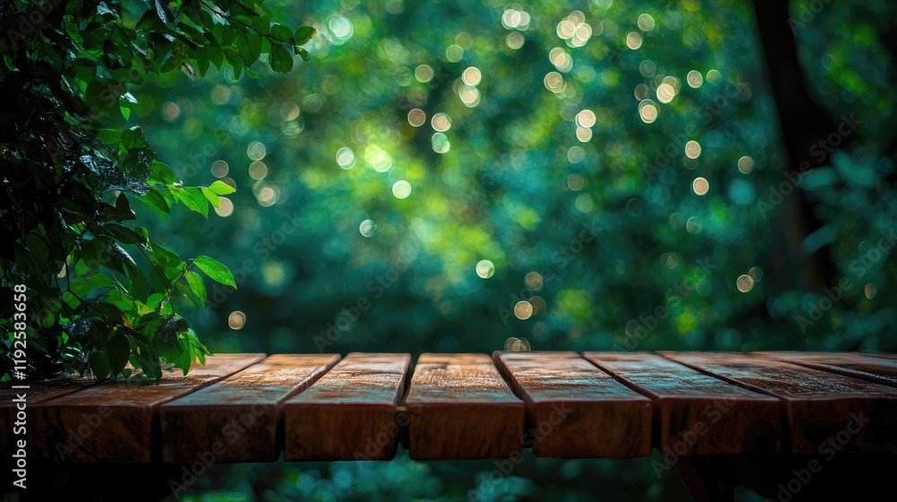 Poster wooden table in serene green bokeh background ideal for showcasing products and nature-inspired desi