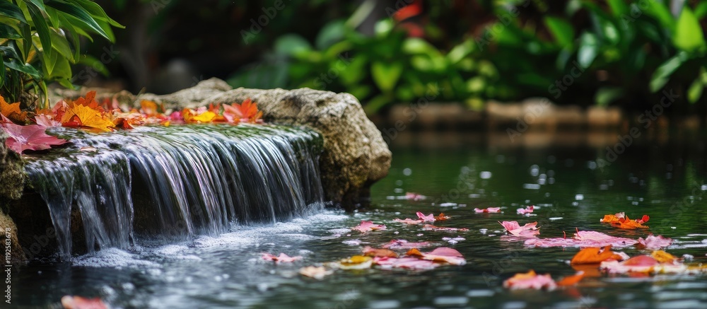 Poster autumn leaves cascading over a tranquil stream with a serene pond in the background creating a peace