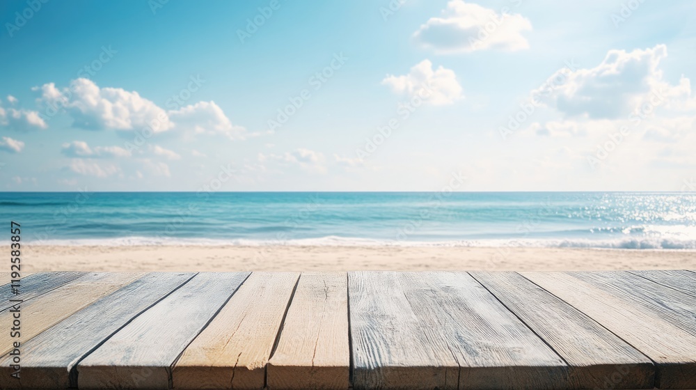 Aufkleber serene beach view with empty wooden table against blurred ocean and sky ideal for display and relaxa
