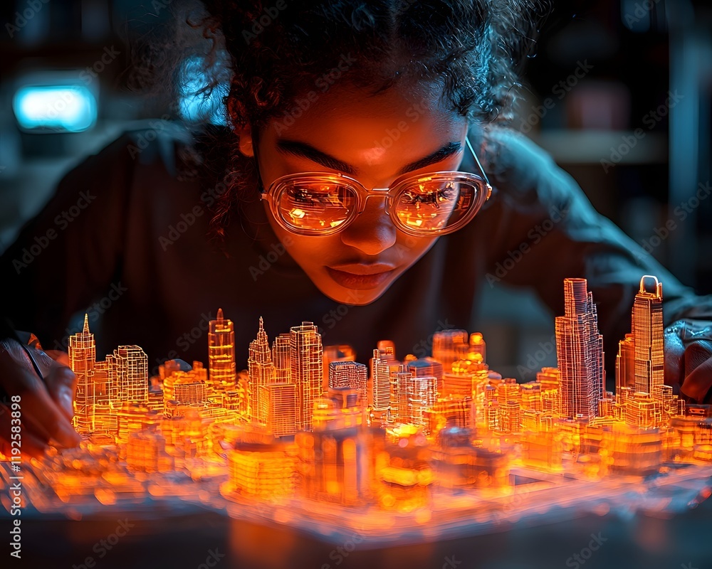 Poster futuristic 3d glowing city models designed by students using augmented reality in modern classroom