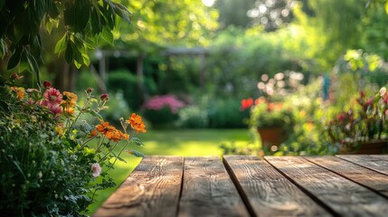 Fototapeta premium Wooden Table in Vibrant Summer Garden Ideal for Product Display and Marketing with Blurred Floral Background and Natural Lighting