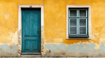 Vintage architecture showcasing an old door and window on a textured yellow wall highlighting rustic charm and historical features.