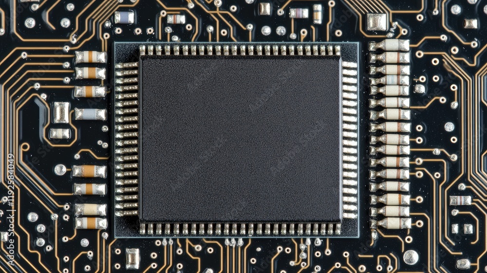 Poster close-up view of an electronic chip mounted on a detailed circuit board showcasing intricate connect